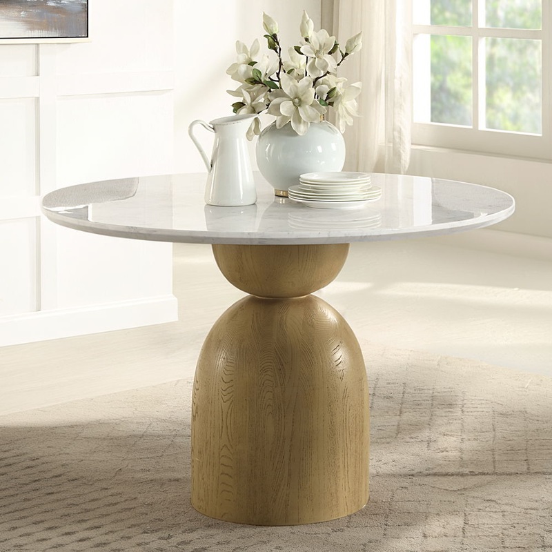 Kala – Round Dining Table With Marble Top – Natural Marble Top & Oak Finish