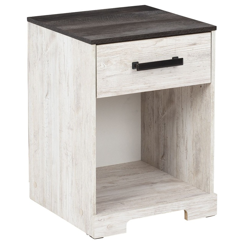 Shawburn – White / Black / Gray – One Drawer Night Stand – Open Cubby