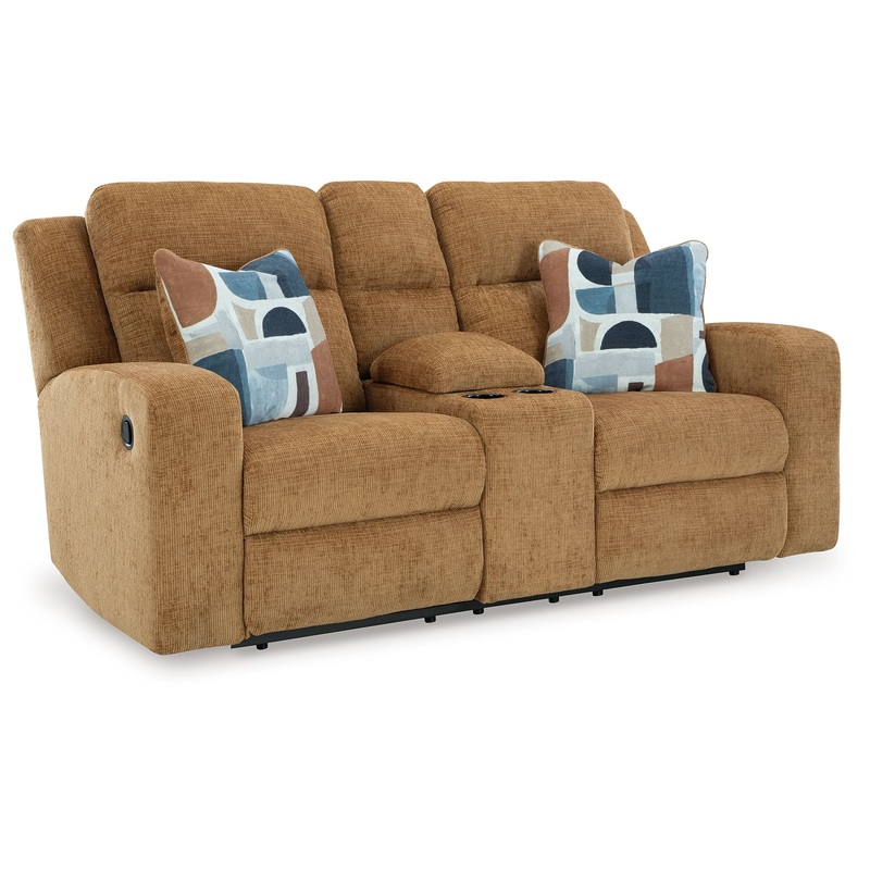 Kanlow – Dbl Reclining Loveseat With Console Light Brown