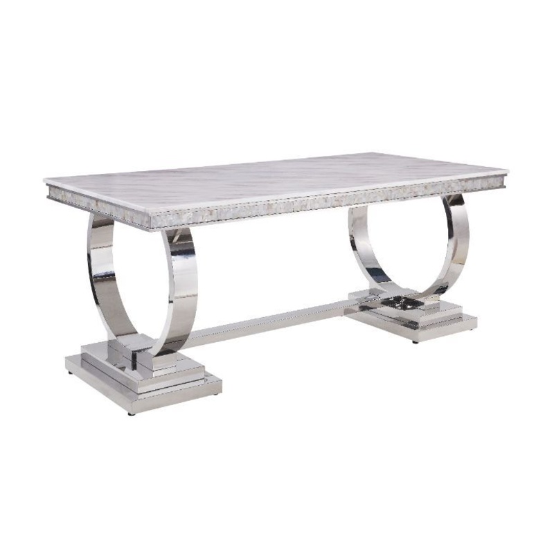 Zander – Dining Table – White Printed Faux Marble & Mirrored Silver Finish