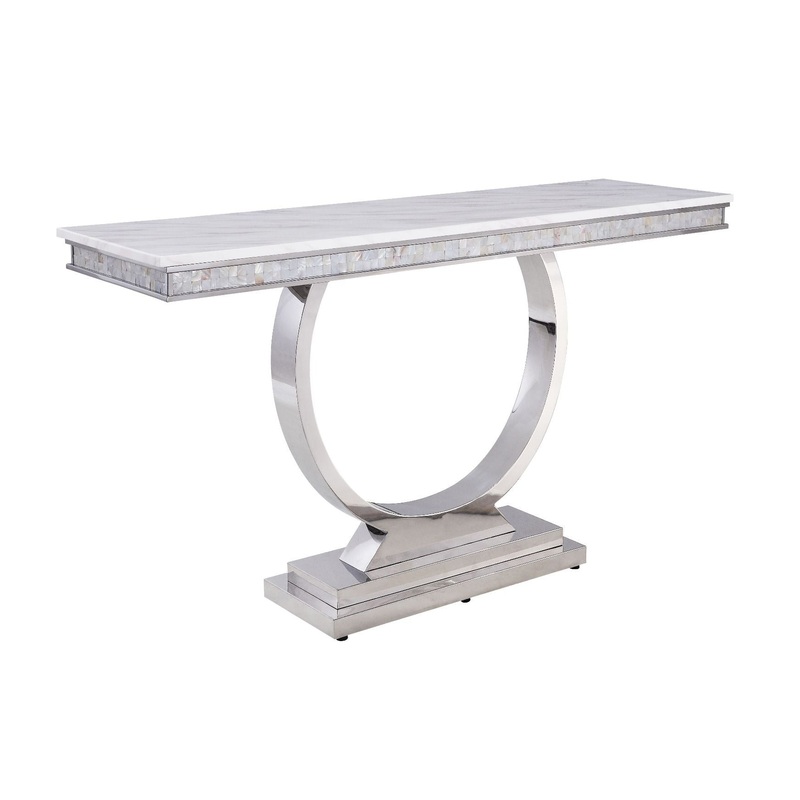 Zander – Accent Table – White Printed Faux Marble & Mirrored Silver Finish
