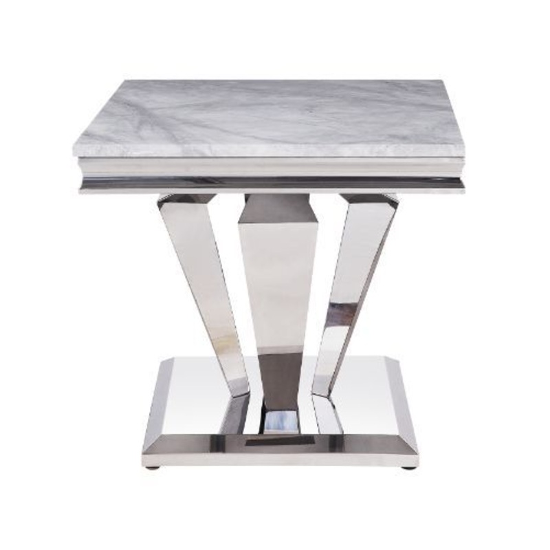 Satinka – End Table – Light Gray Printed Faux Marble & Mirrored Silver Finish