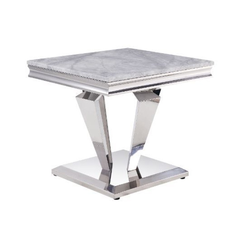 Satinka – End Table – Light Gray Printed Faux Marble & Mirrored Silver Finish