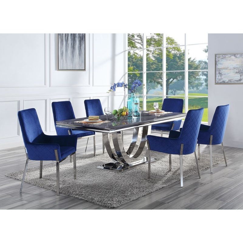 Cambrie – Side Chair (Set of 2) – Blue Velvet & Mirrored Silver Finish