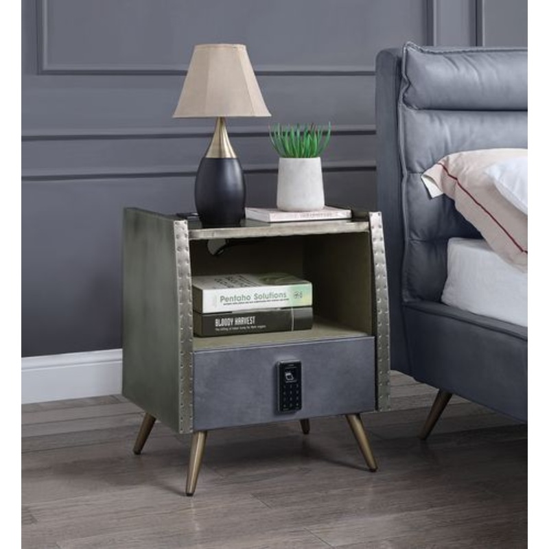 Doris – Nightstand – Gray Top Grain Leather & Aluminum