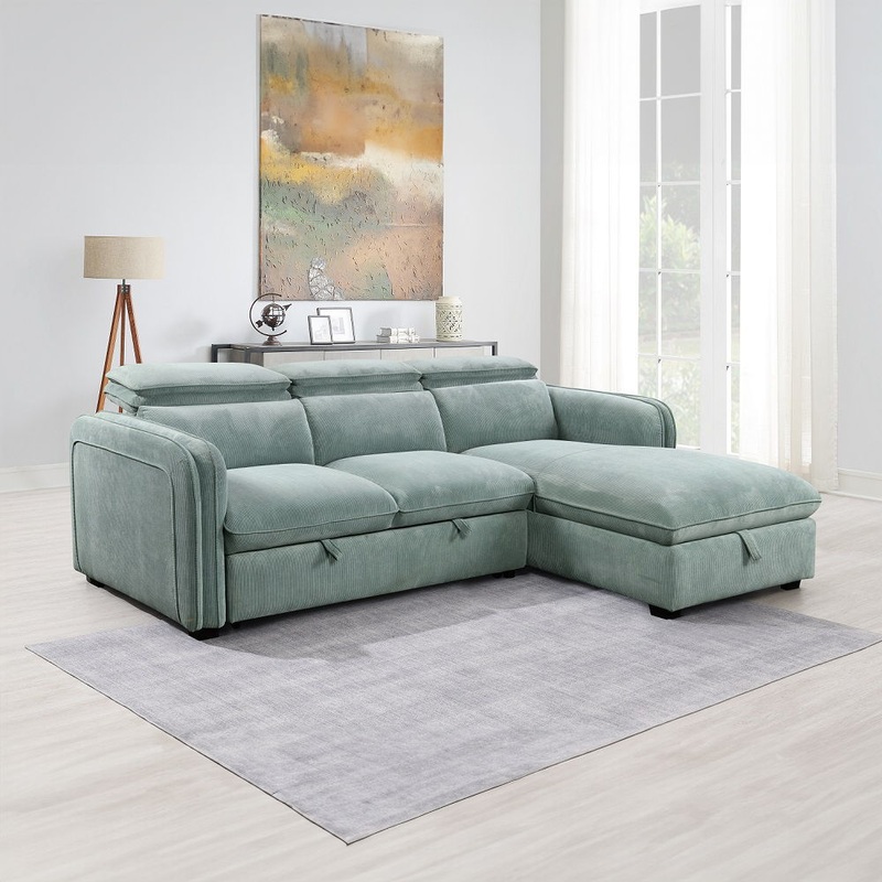 Zavala – Sectional Sofa With Sleeper & Storage – Light Green
