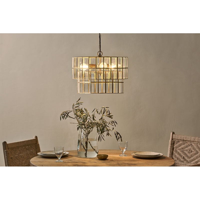 Kirindi Glass Panelled Chandelier – Clear & Antique Brass Clear and Antique Brass