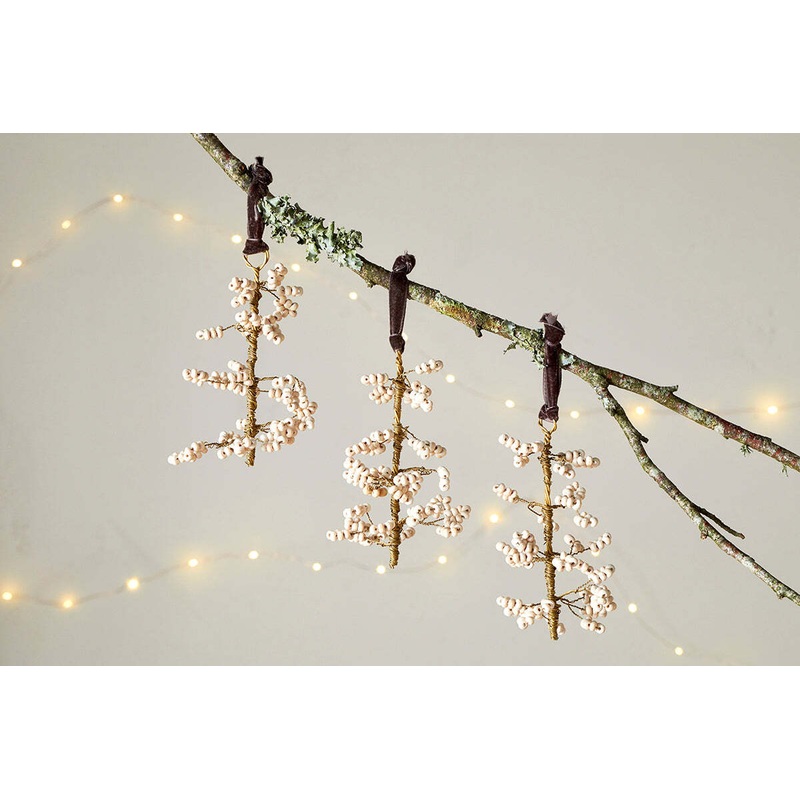 Tanu Mango Wood Beaded Baubles – Brass & Natural (Set of 3) Brass & Natural