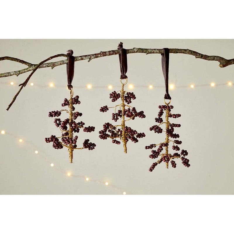 Tanu Mango Wood Beaded Baubles – Brass & Ruby (Set of 3) Brass & Ruby