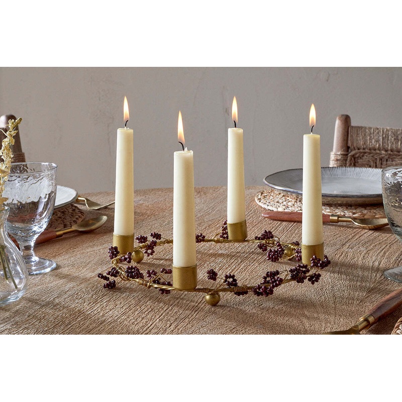 Tanu Mango Wood Beaded Candle Holder – Brass & Ruby Brass & Ruby