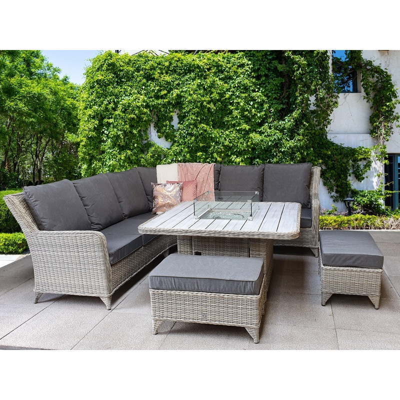 Meghan Corner Sofa Dining Set with Firepit in Grey