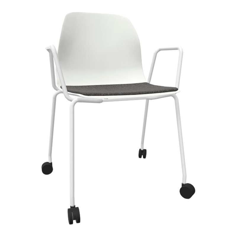 Pelican 08 Arm Chair – 4 Leg, White Lacquered Metal w/ Casters – Seat Upholstered