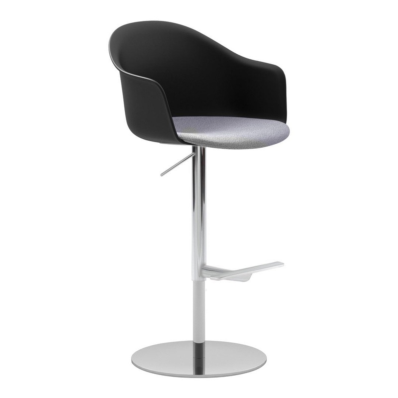 Mani Plastic Armshell Bar Stool – Chrome Footrest – Disc Base w/ Gas Lift – Seat Upholstered