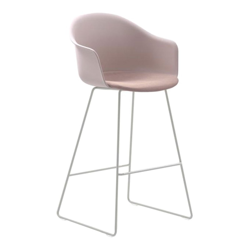 Mani Plastic Armshell Bar Stool – Milk Steel Sled Base – Seat Upholstered