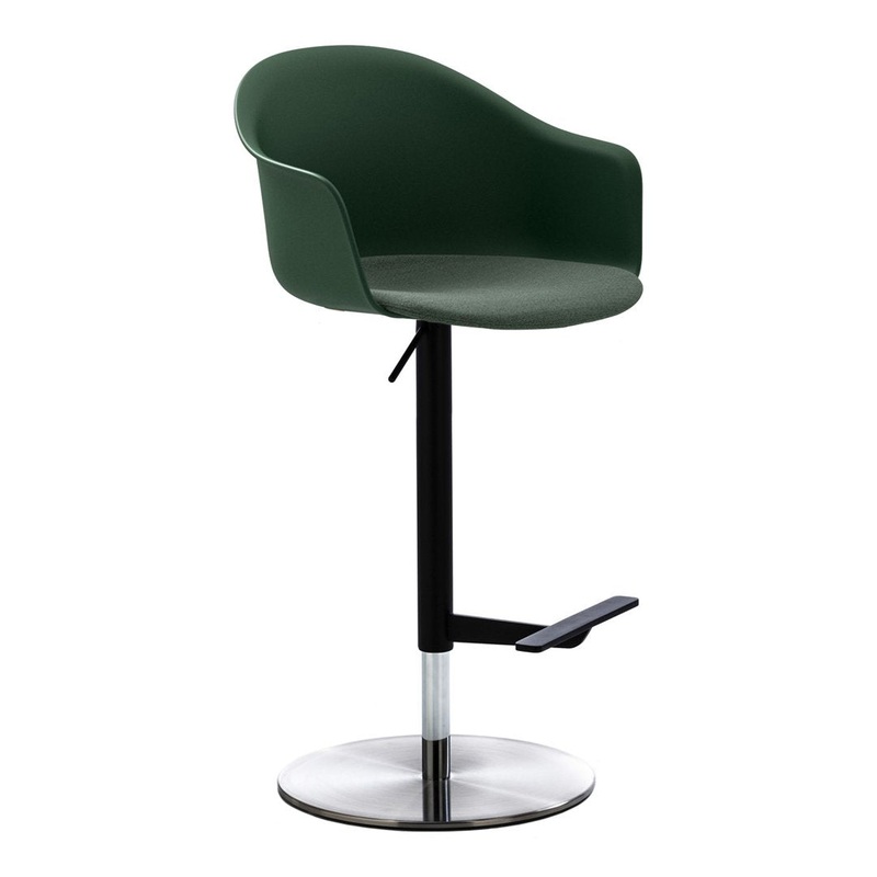 Mani Plastic Armshell Bar Stool – Black Painted Steel Footrest – Disc Base w/ Gas Lift – Seat Upholstered