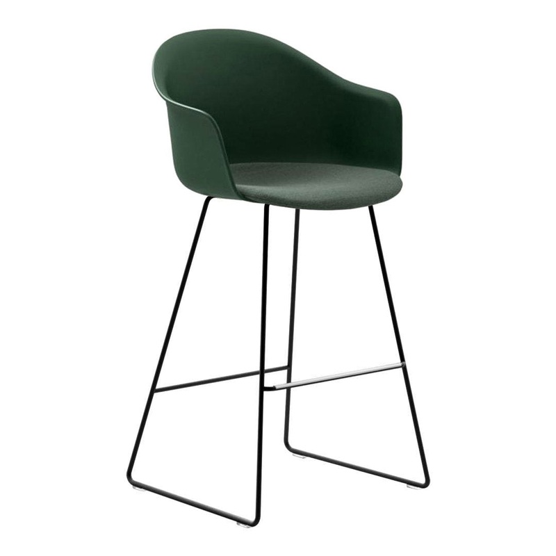 Mani Plastic Armshell Bar Stool – Black Steel Sled Base – Seat Upholstered