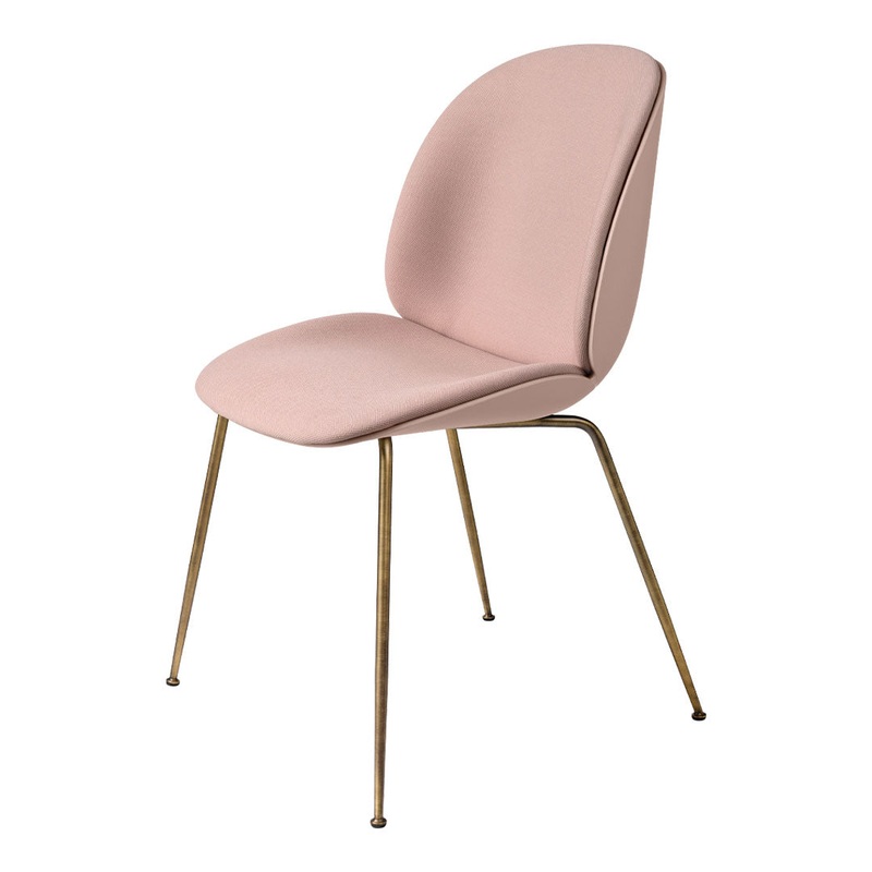 Beetle Dining Chair – Front Upholstered – Antique Brass Conic Base